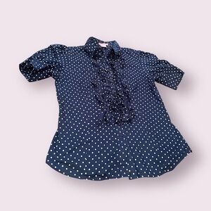 Classic Navy Polka Dot Women's Button Down Shirt with Ruffle Front Detail